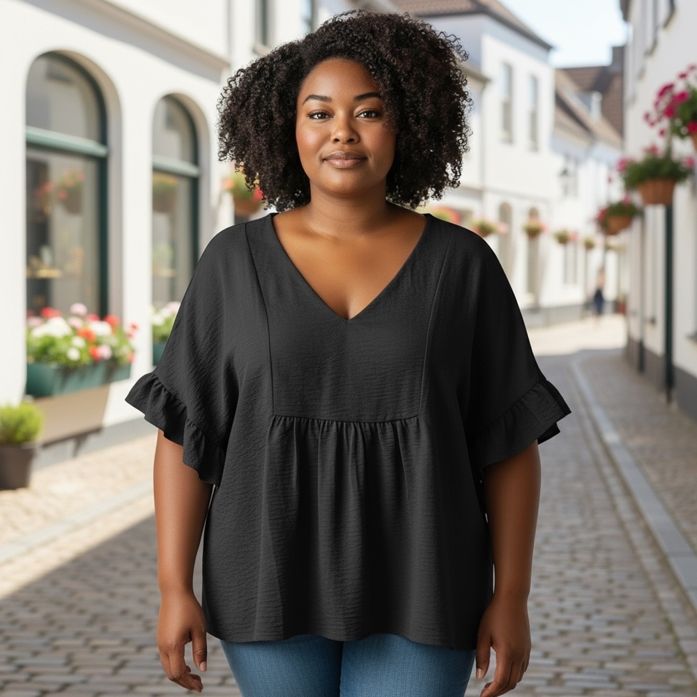 ANDREE BY UNIT Deep charcoal Black. Ruffle Sleeve Top